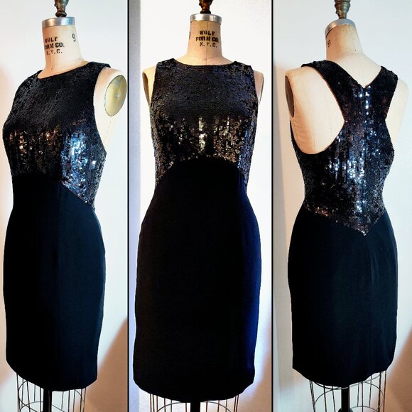 Vintage Black Tie Oleg Cassini Holt Renfrew Sequin Racerback Shift Dress LBD S - Picture 1 of 8